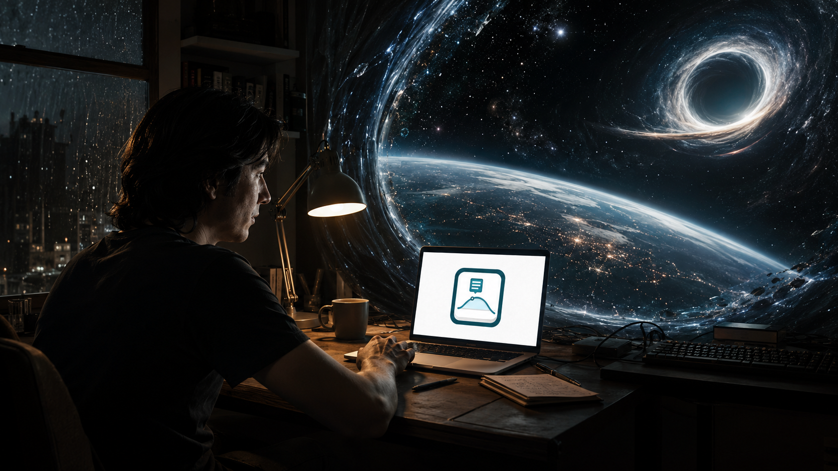 A person at a desk at night, laptop showing the SpaceTime mark, a black hole filling the window behind