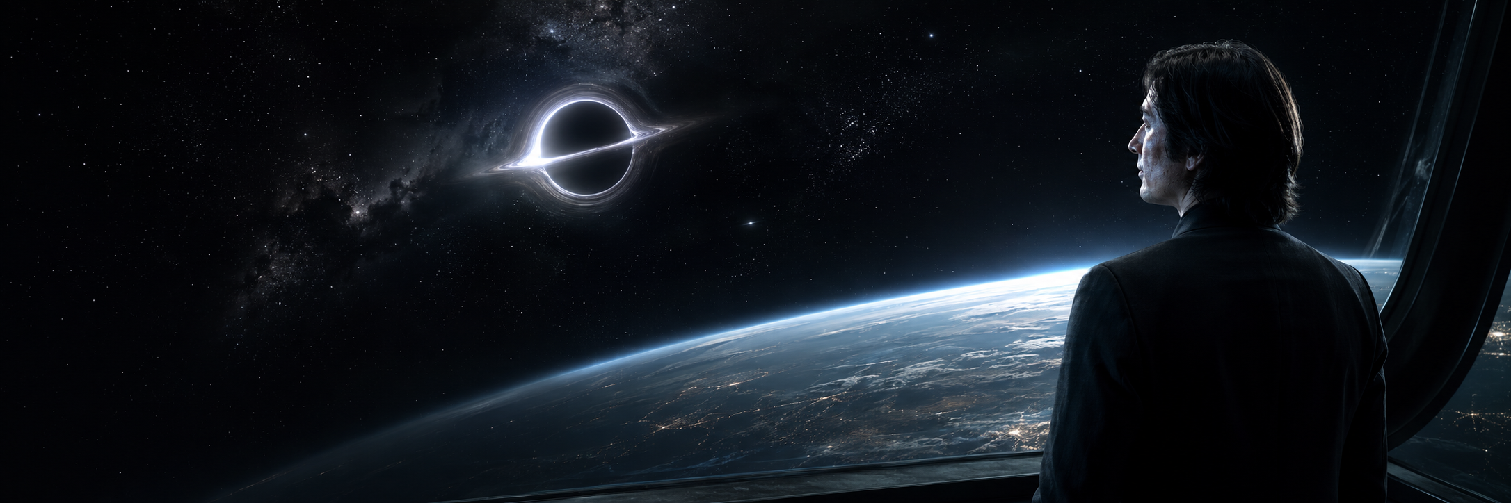 A figure looking out a spacecraft window toward a distant black hole above Earth
